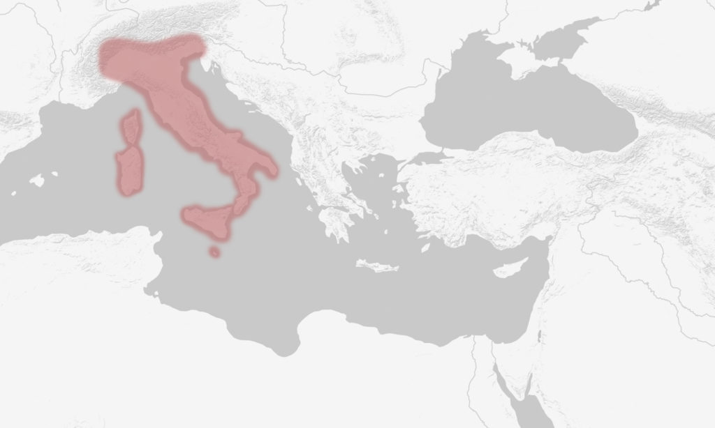 Map of Mediterranean Sea with Italy highlighted.