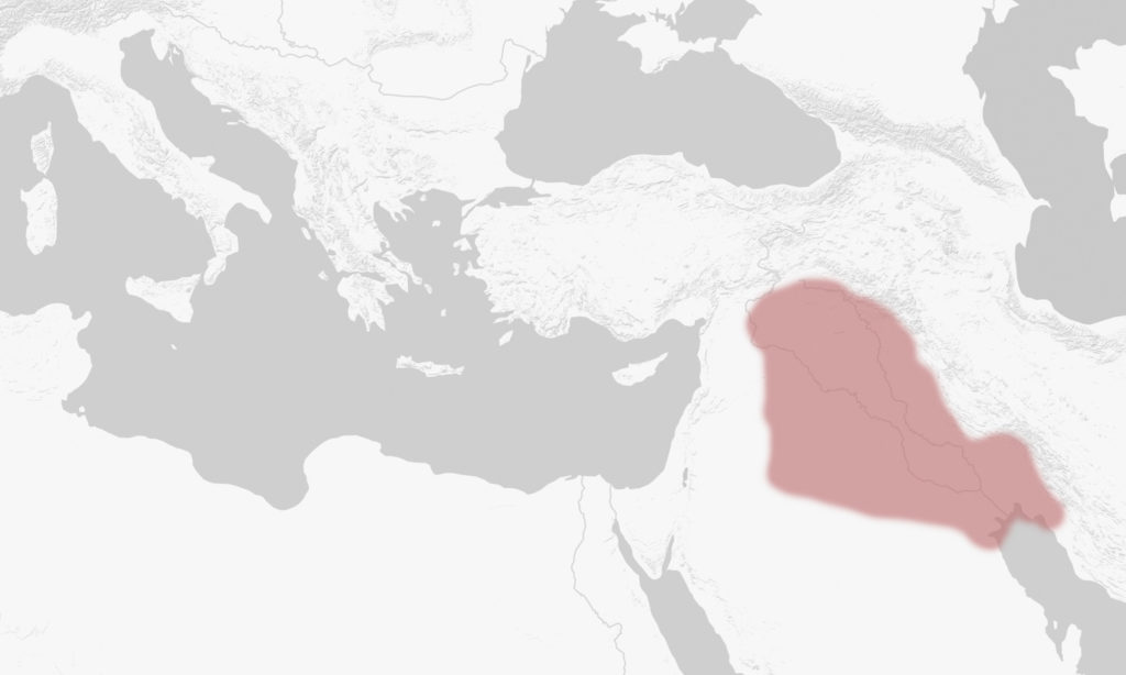 Map of mediterranean sea with the approximate boundaries of Mesopotamia highlighted.