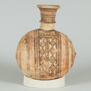 Alternate view of Barrel jug with single handle, painted with various patterns wrapped around its base.