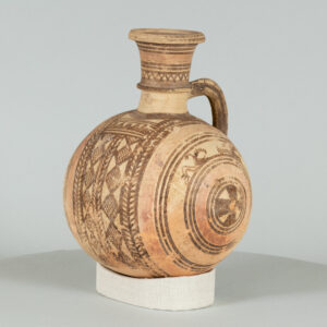 Barrel jug with single handle, painted with various patterns wrapped around its base.