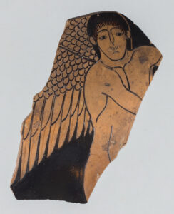 Fragment of a terracotta cup featuring red figure painting of a flying figure.