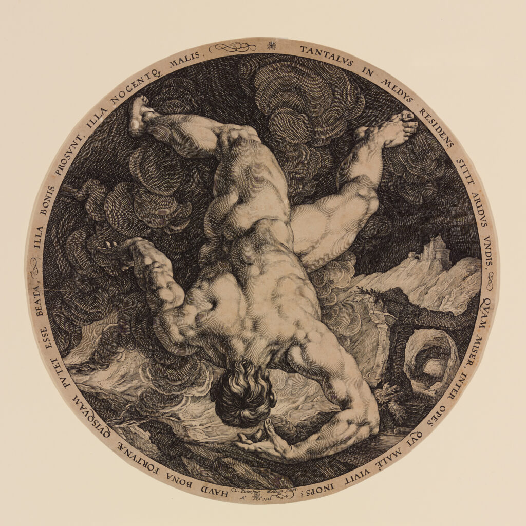 Round engraving of a male body viewed from above and behind, twisting to reveal the many details of musculature. Text circles the perimeter.