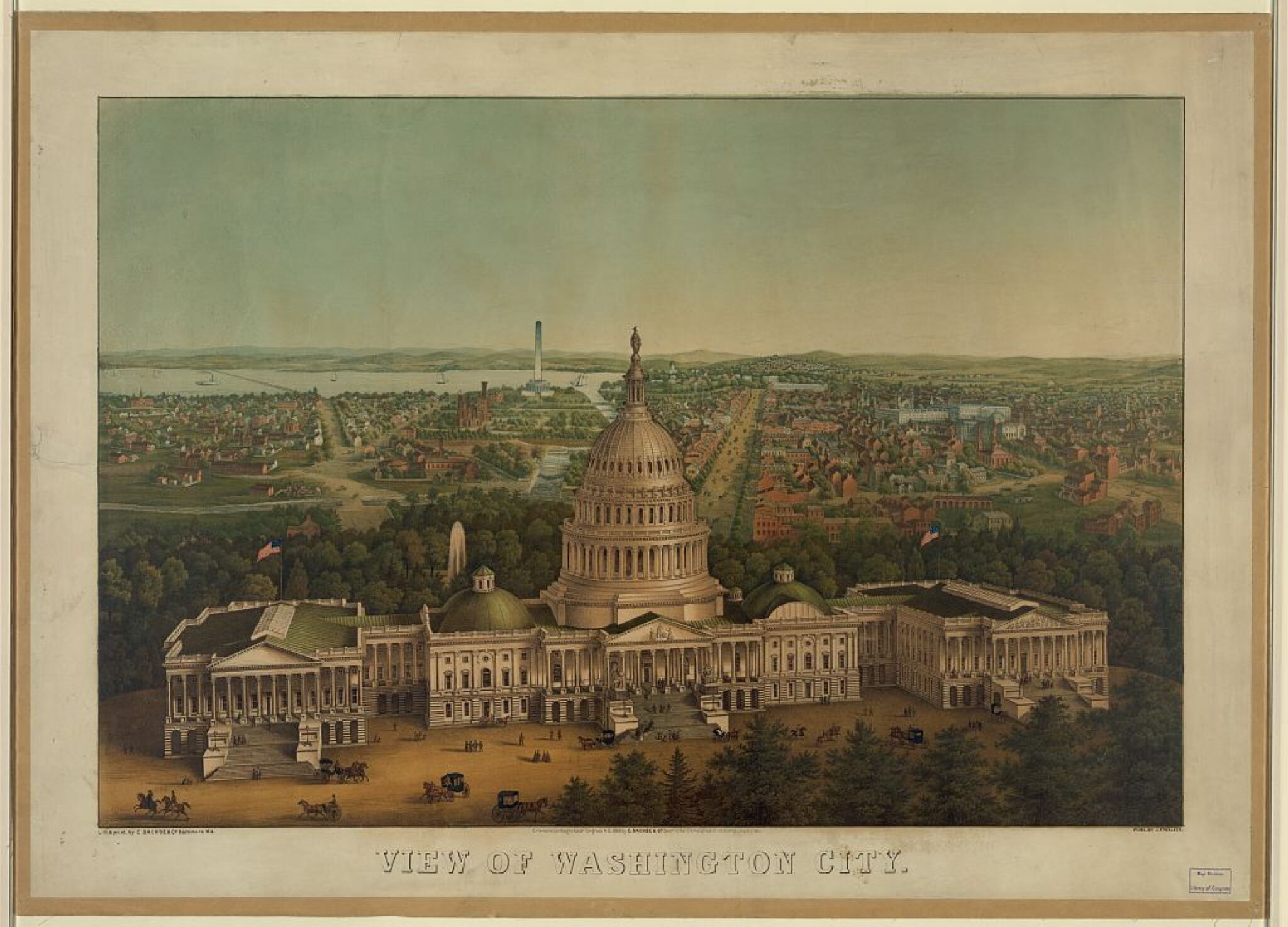 Print showing a bird's-eye view of Washington, D.C., with the U.S. Capitol in the foreground, and the Washington Monument in the background.