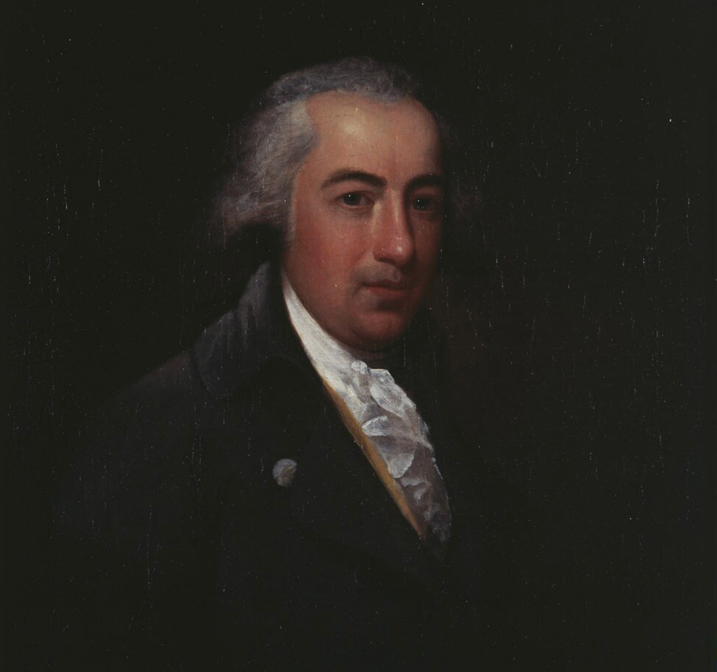 Darkly painted portrait of an older white man with gray hair, a ruffled shirt, and a black jacket.