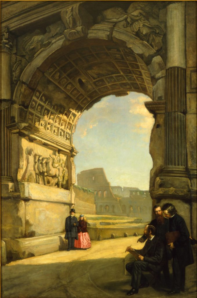 Painting of an artist drawing a couple that stands under a large arch with ruins visible in the background.
