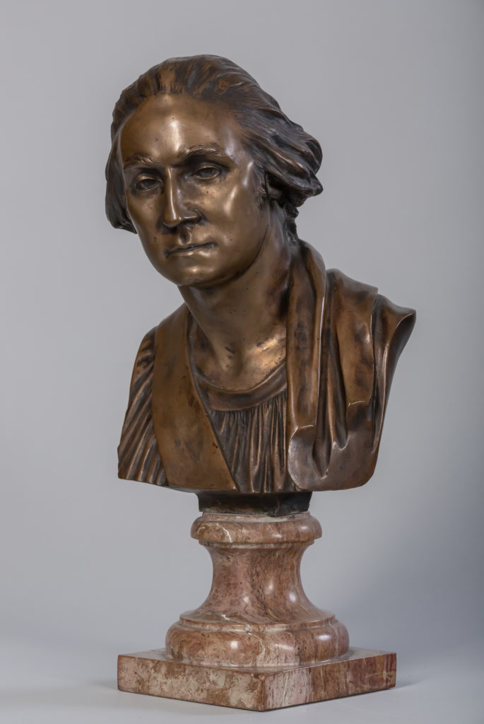 Alternate view of Bronze-colored bust of George Washington draped in a toga, with a marble pedestal.