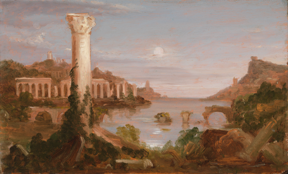 Landscape painting with a column in the foreground by a body of water leading to ruins in the background. A sunny sky highlights the pastel palette.