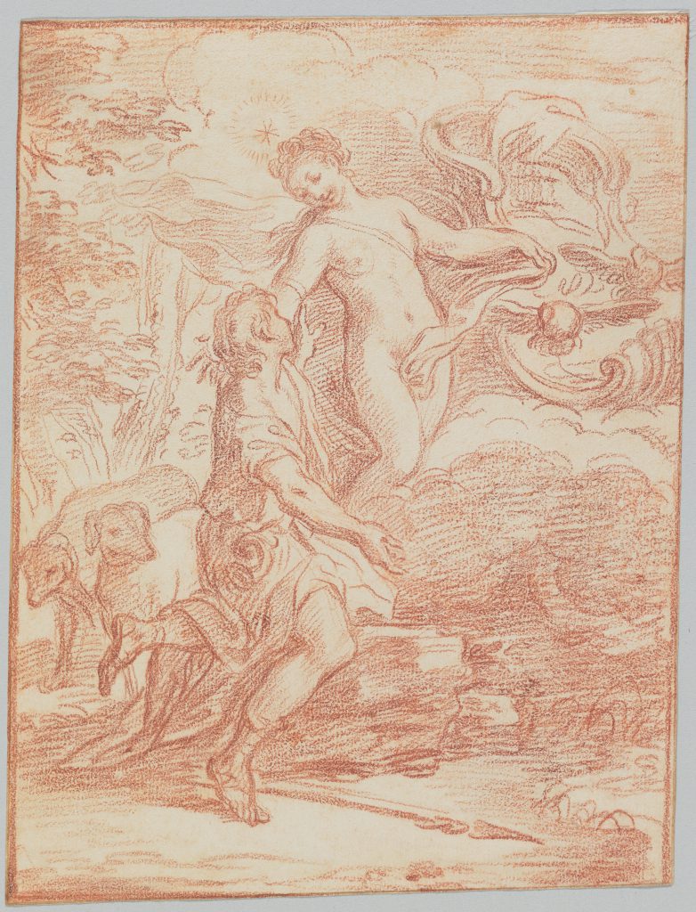 Delicate red chalk drawing of a nude goddess reaching down to a kneeling male accompanied by hunting dogs. A chariot hangs in the sky behind Venus.