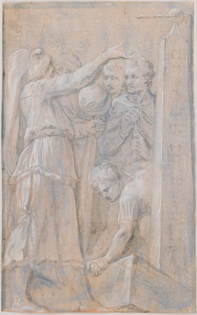 Bluish drawing of five male figures surrounding an obelisk. The primary figure reaches toward its tip while another figure kneels below him.