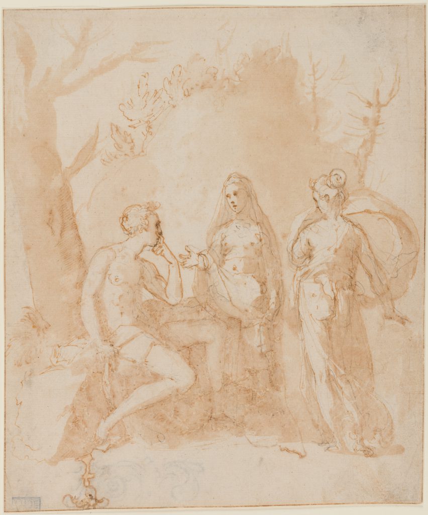 Light ink drawing of a seated male figure gazing at two standing female figures, surrounded by trees.