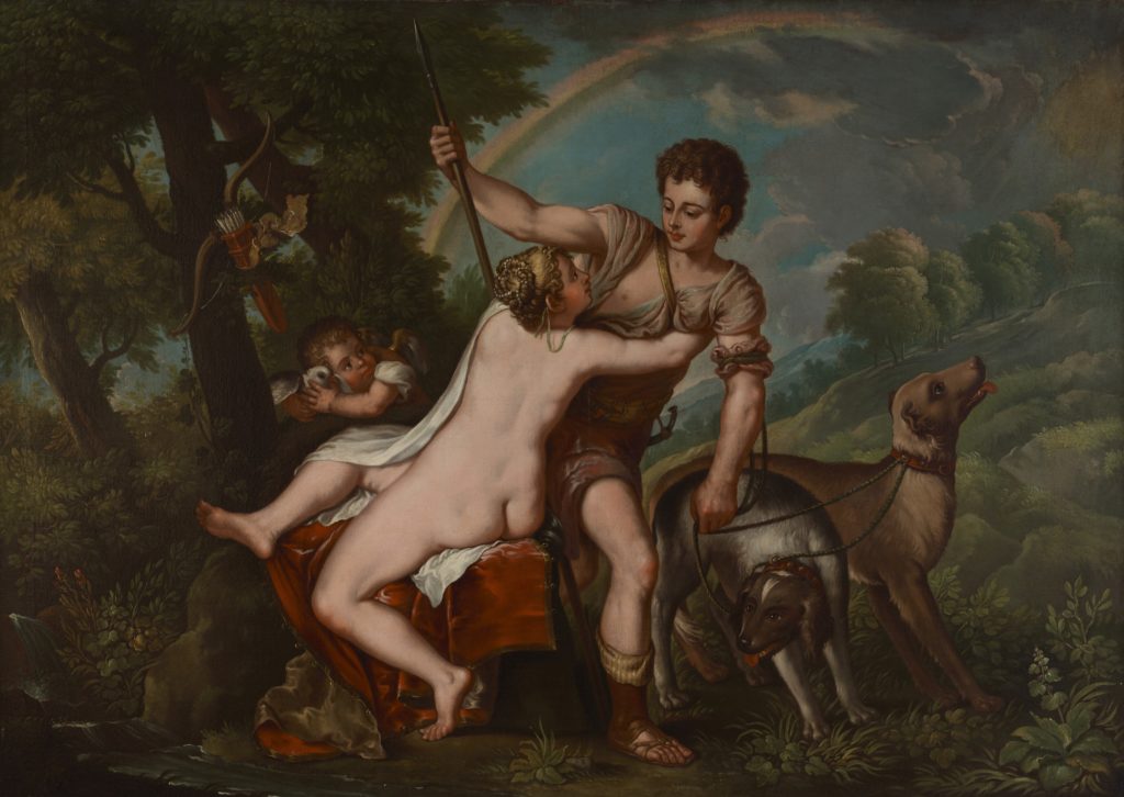 Alternate view of Painting of a nude woman reaching for a man who holds a spear and two leashed dogs while a cherub watches. A rainbow fills the sky above them.