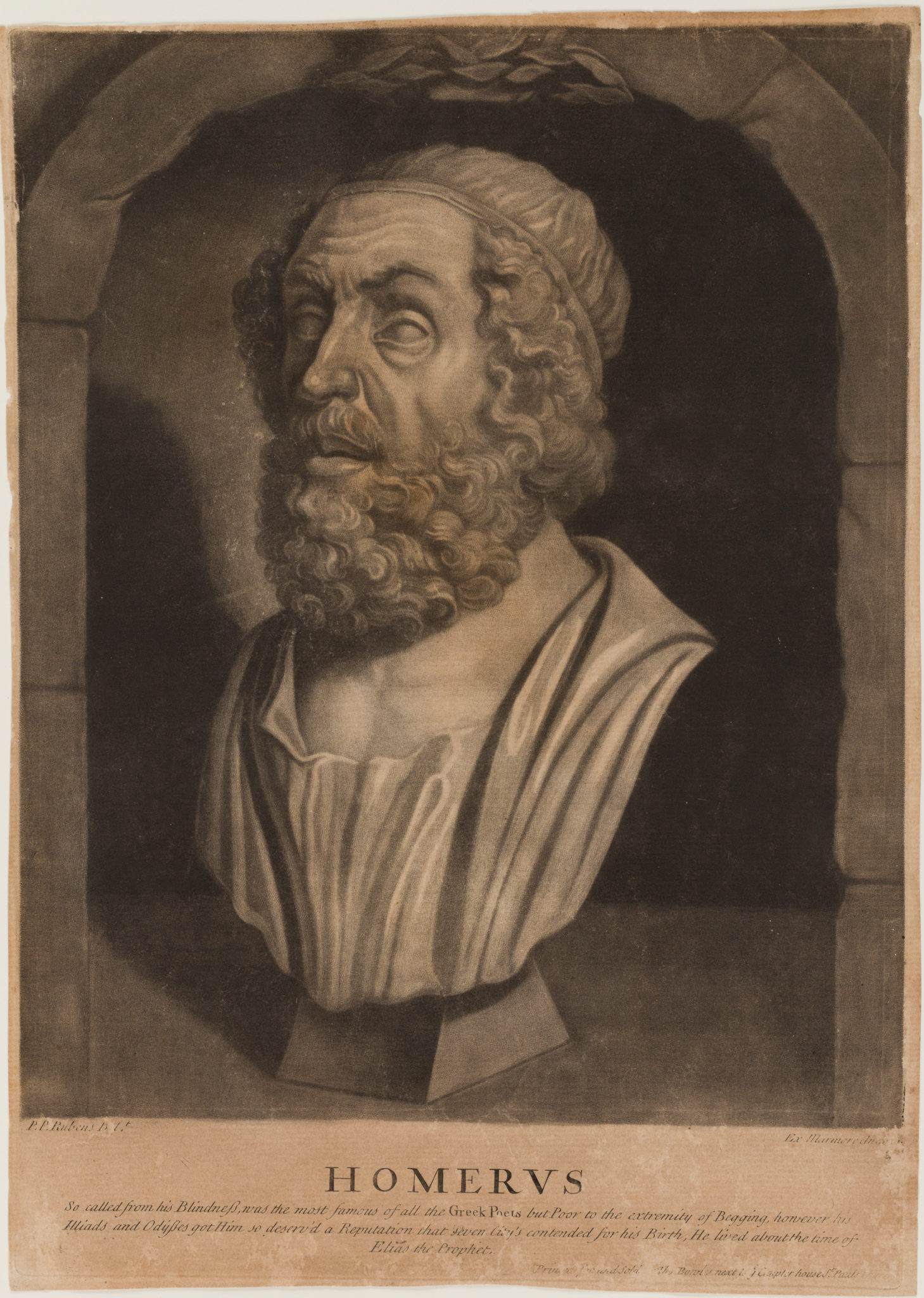 Tinted print featuring the bust of a man with curly hair, a long beard, and a toga. "Homer" printed below, above faint text.