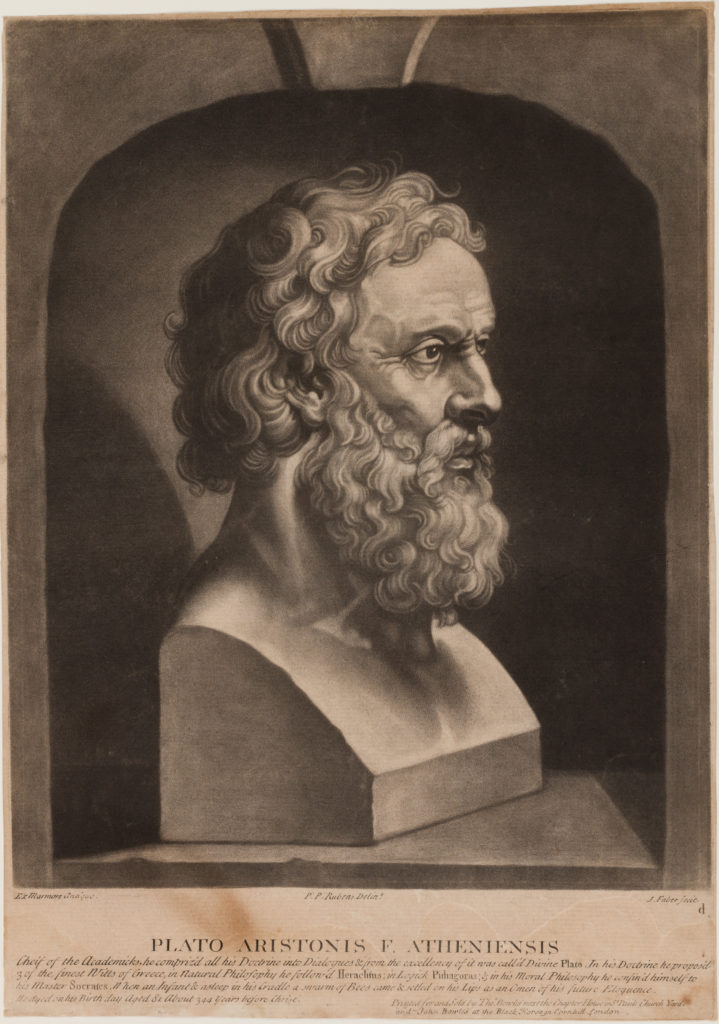 Tinted print of the bust of a man in profile, with long curly hair and beard. "Plato Aristonis E Atheniensis" printed below, above faint text.