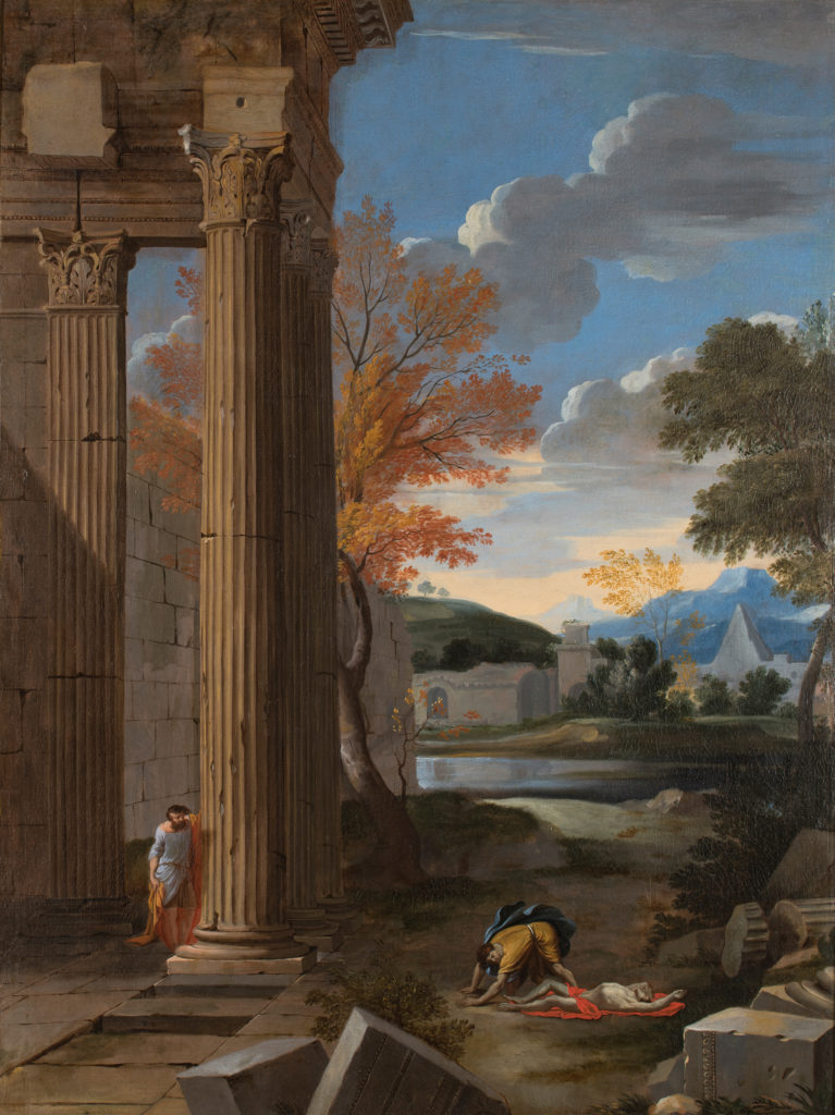 Painting of a man standing over a shrouded corpse while another man looks on, in the shadow of large Greek architectural ruins.