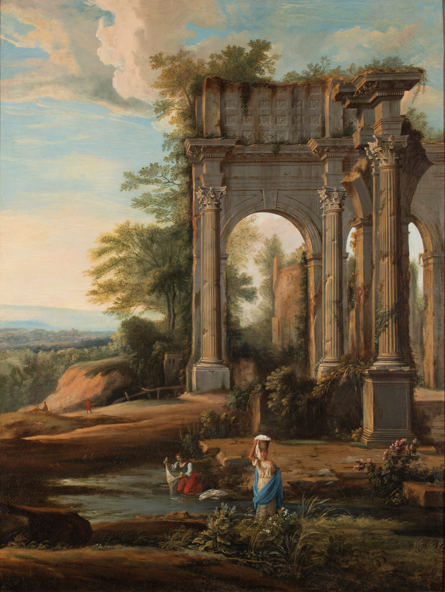 Landscape painting of Greek architectural ruins overgrown with foliage. Two women in the foreground wash clothes in a river.