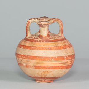 Alternate view of Spherical, white-and-red striped vase with two handles and a small spout.