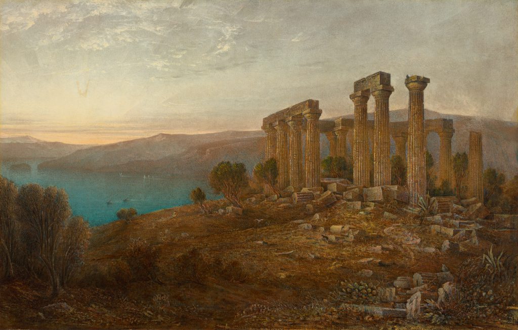 Painting of the ruins of a Greek Doric temple with the ocean and mountains in the background.