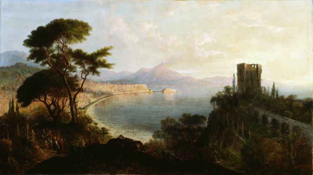 Landscape painting with ruins in its dark foreground extends back to a bright body of water and a mountain range on the horizon.