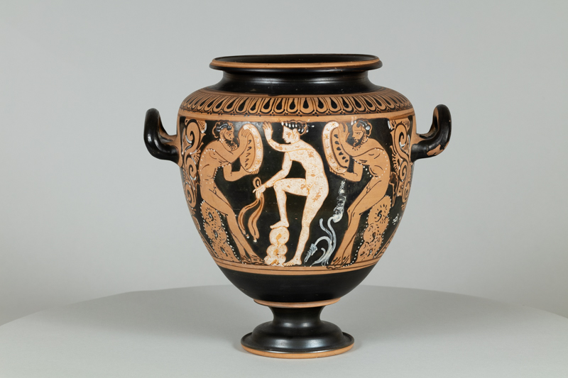 Alternate view of Black terracotta vase with two handles and red-figure painting depicting mythological scenes and scroll patterns.