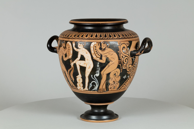 Alternate view of Black terracotta vase with two handles and red-figure painting depicting mythological scenes and scroll patterns.