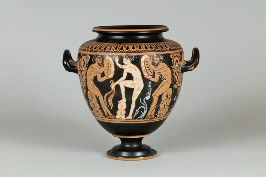 Black terracotta vase with two handles and red-figure painting depicting mythological scenes and scroll patterns.