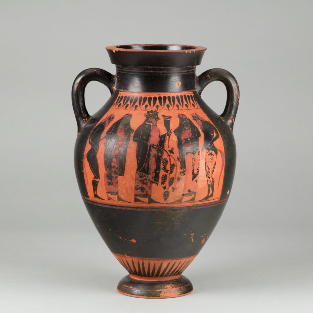 Black terracotta wine vessel with two handles and red-figure painting depicting six figures in a mythological scene.