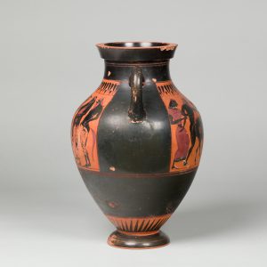 Alternate view of Black terracotta wine vessel with two handles and red-figure painting depicting six figures in a mythological scene.