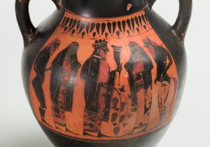 Alternate view of Black terracotta wine vessel with two handles and red-figure painting depicting six figures in a mythological scene.