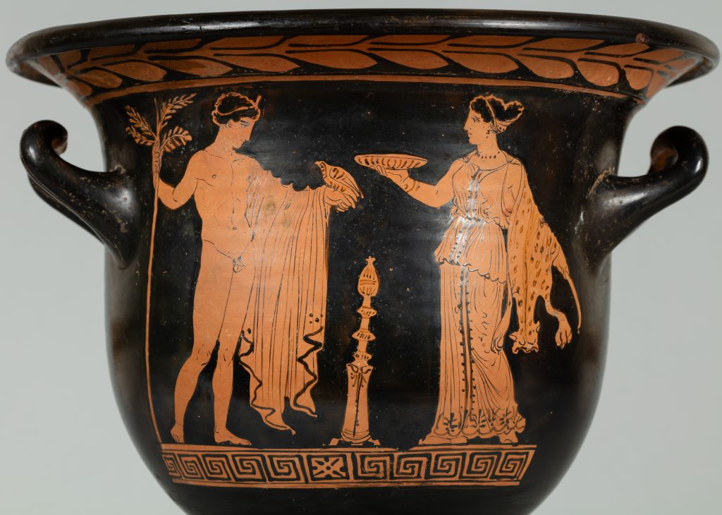 Alternate view of Black terracotta vase with two handles and red-figure painting depicting two figures and a scroll pattern.