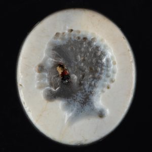 Circular white onyx gem featuring a man's profile with curly hair.