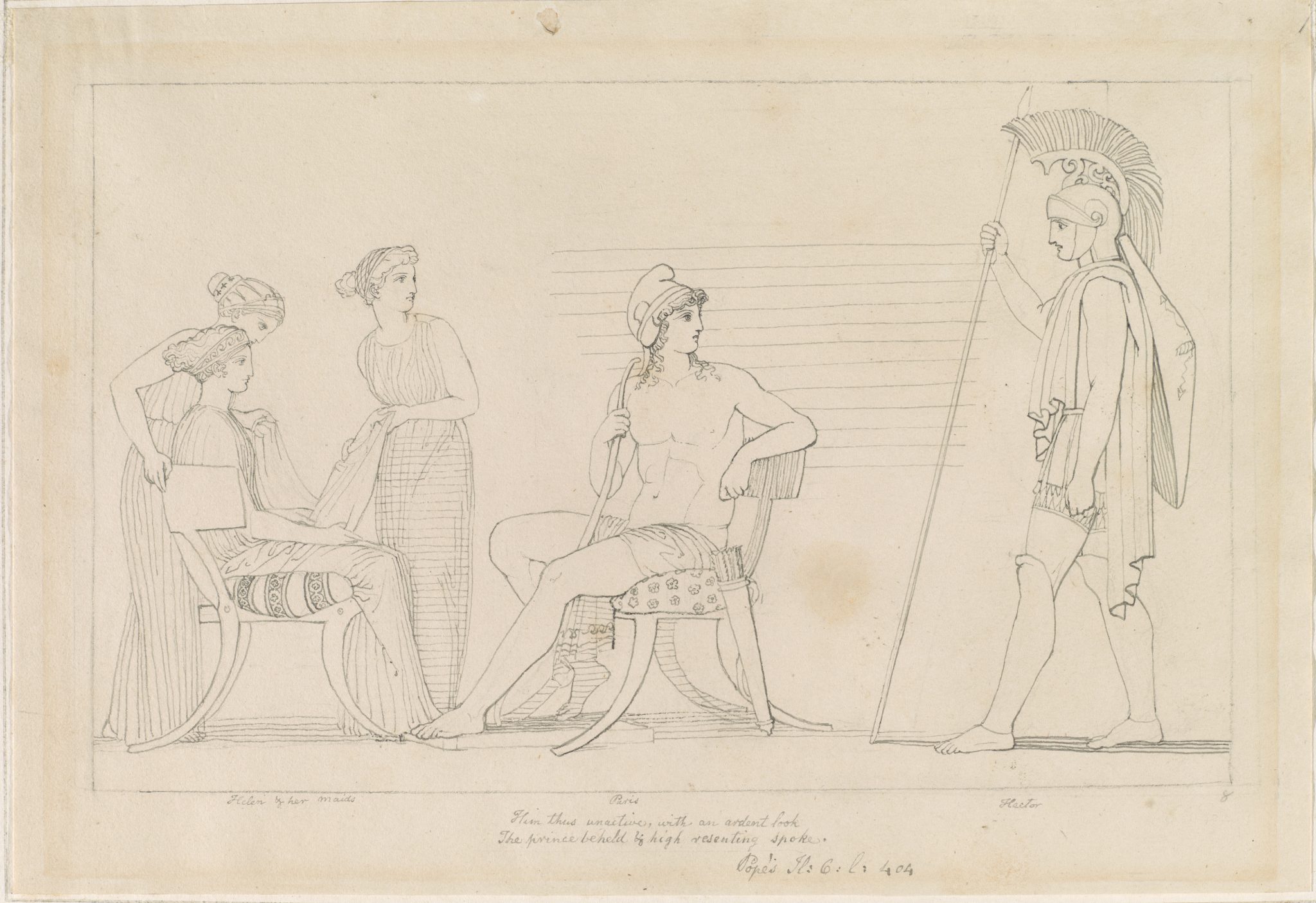 Delicate ink drawing of a classical solidier approaching a seated male figure and three female figures.