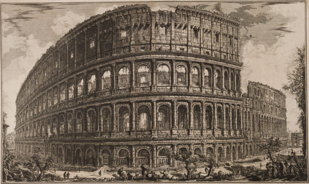 Etching featuring an exterior view of the Coliseum, which nearly fills the entire image. Several small figures stand around its base.