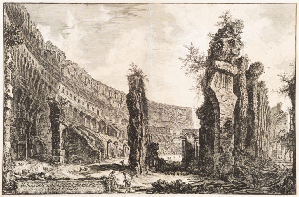 Part of the interior Coliseum wall fills the left of the etching. Two vertical ruins overgrown with plants sit in foreground near some small figures.