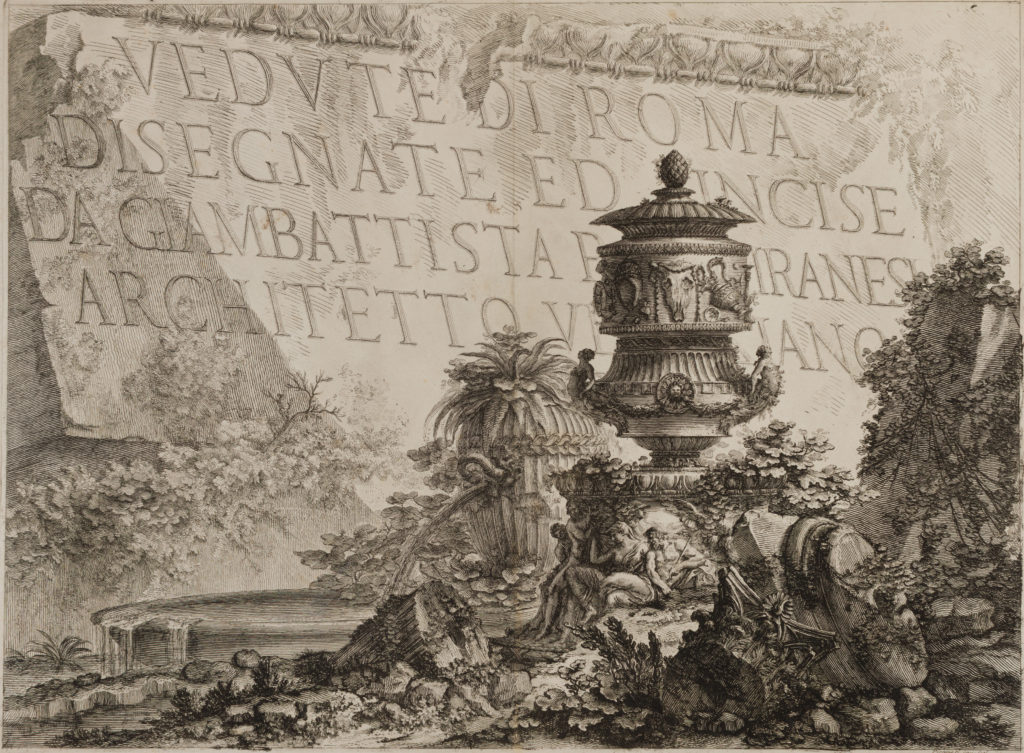 Etching of an ornate sculpture ruin overgrown with plantlife, behind which a large slab of stone engraved with text fills the background.