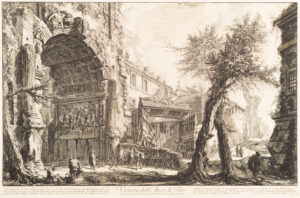 The large arch fills the left side of this engraving, with small figures around its base. Two trees twist around each other on the right.