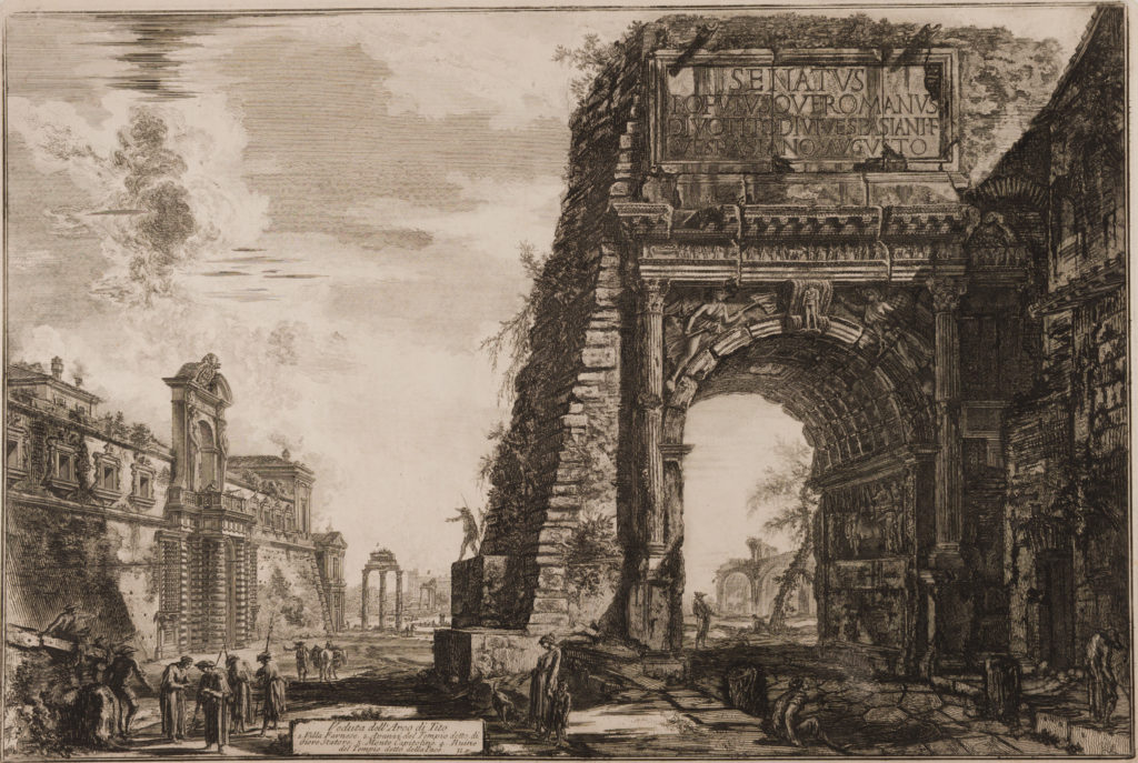 Engraving of a head-on view of the arch, overgrown with plantlife and with figures standing around its base. Other ruins fill the background.