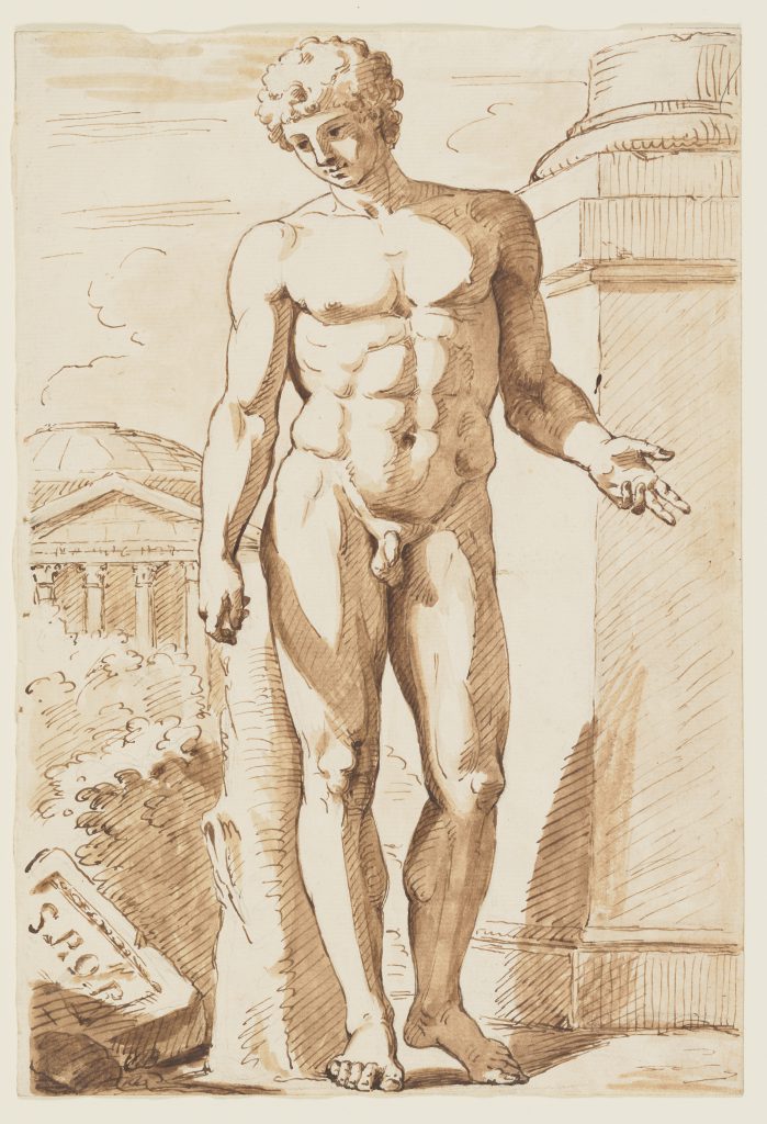 Ink drawing of the Capitoline Antinous nude male statue posed next to the base of a column with the Pantheon in the background.
