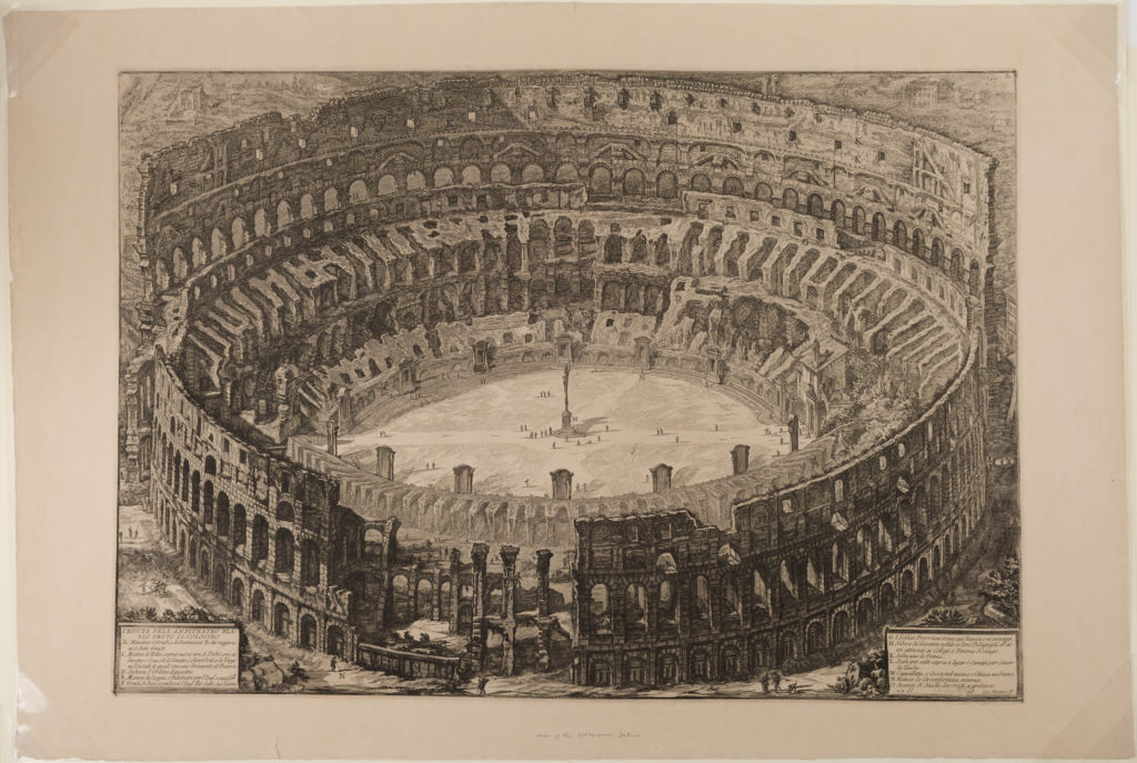 Alternate view of Etching of an aerial view of the Colosseum's interior. Small figures stand around a statue in the structure's center.
