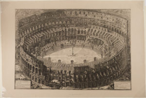 Alternate view of Etching of an aerial view of the Colosseum's interior. Small figures stand around a statue in the structure's center.