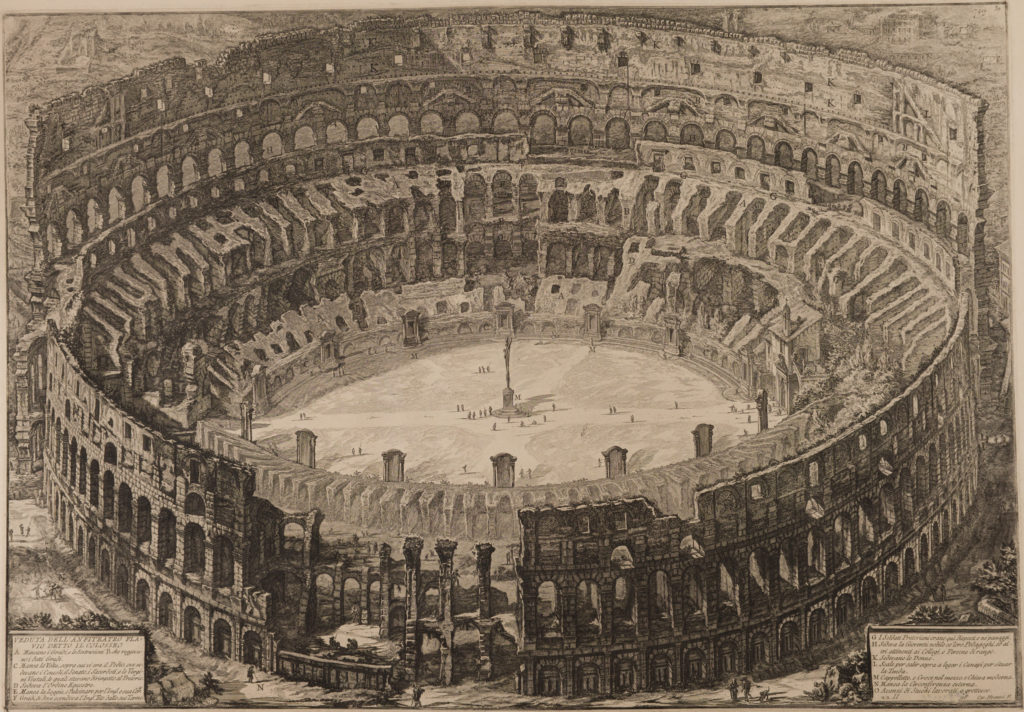 Etching of an aerial view of the Colosseum's interior. Small figures stand around a statue in the structure's center.