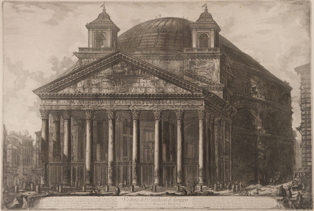 Engraving of the Pantheon's facade, with Corinthian columns below a pediment and a rear rotunda under a large dome. Small figures stand around its base.