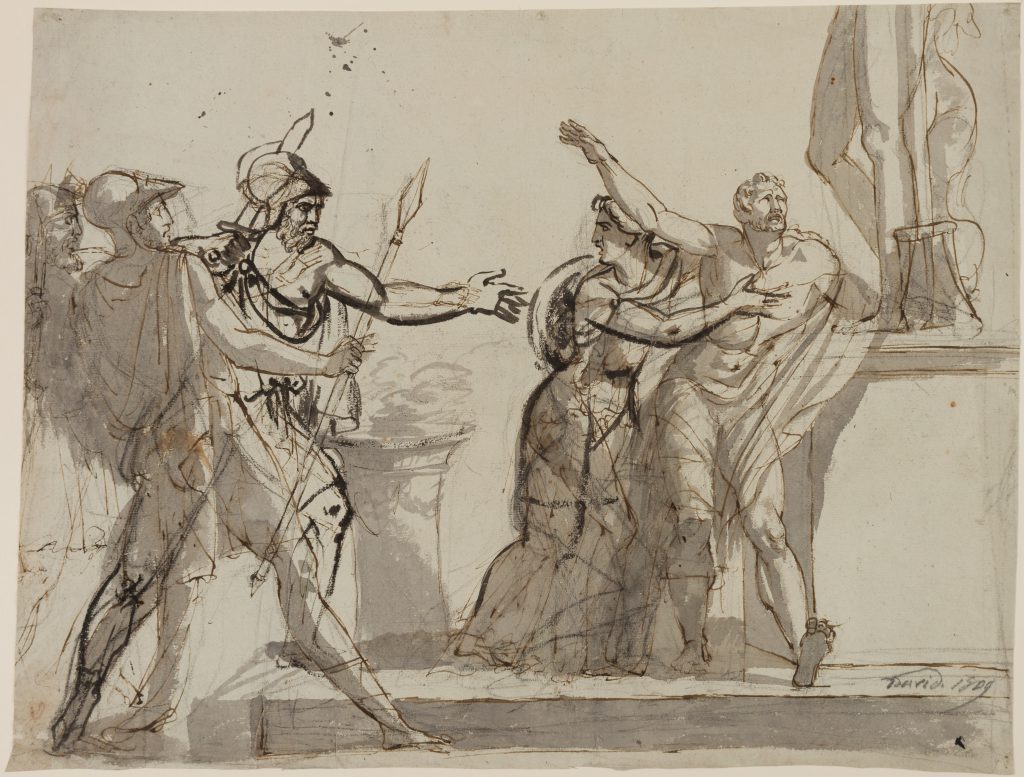 Ink drawing of five classical male figures wearing togas and carrying weapons, posed in action at the base of a tall statue.