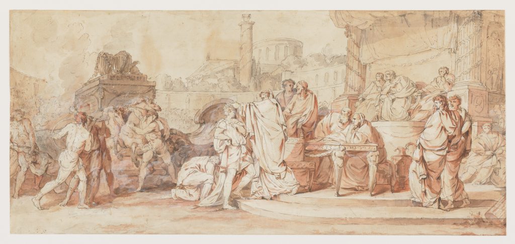 Horizontal ink drawing of an active scene featuring several classical figures at a ceremony. Classical Roman architecture fills the background.