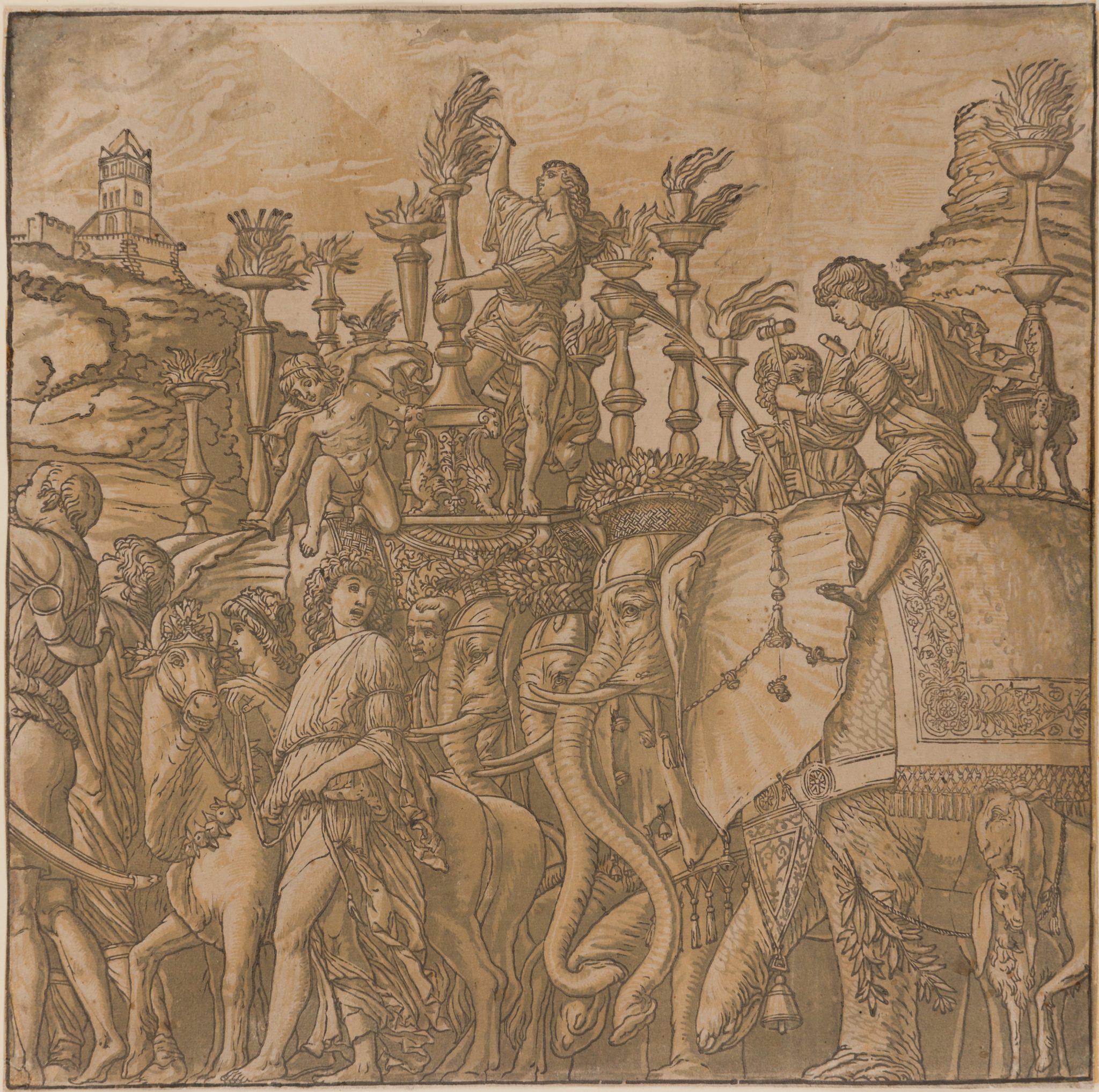 Woodcut featuring several figures holding torches, marching longside animals such as elephants and horses.
