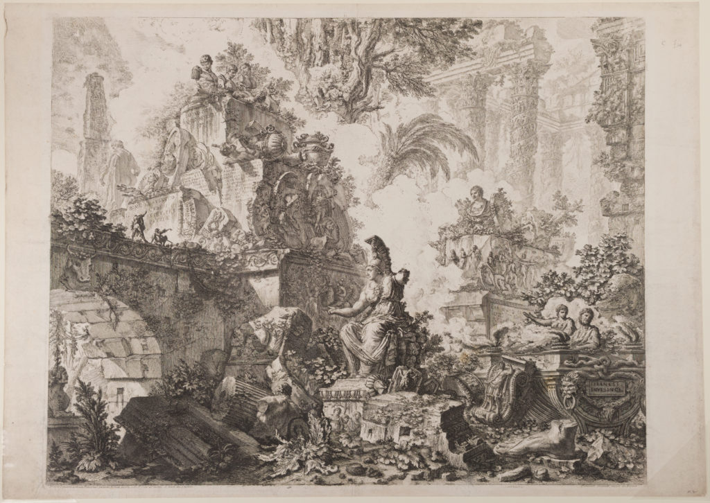 Alternate view of Etching of several sculptural ruins in piles, overgrown with plantlife. Larger ruins and trees fill the background.