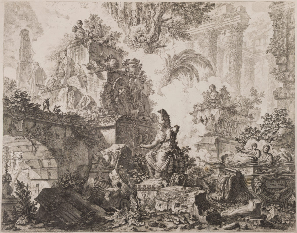Etching of several sculptural ruins in piles, overgrown with plantlife. Larger ruins and trees fill the background.