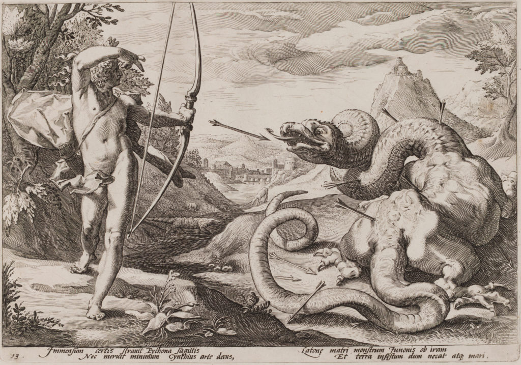 Engraving of a nude male shooting an arrow at a large dragon-like creature with a long snake neck. A mountain and village fill the background.