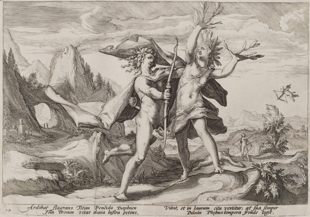 Engraving of a nude male reaching toward an anguished, nude female as her hands and hair transform into tree branches. In the background, a flying cupid shoots an arrow at another figure.