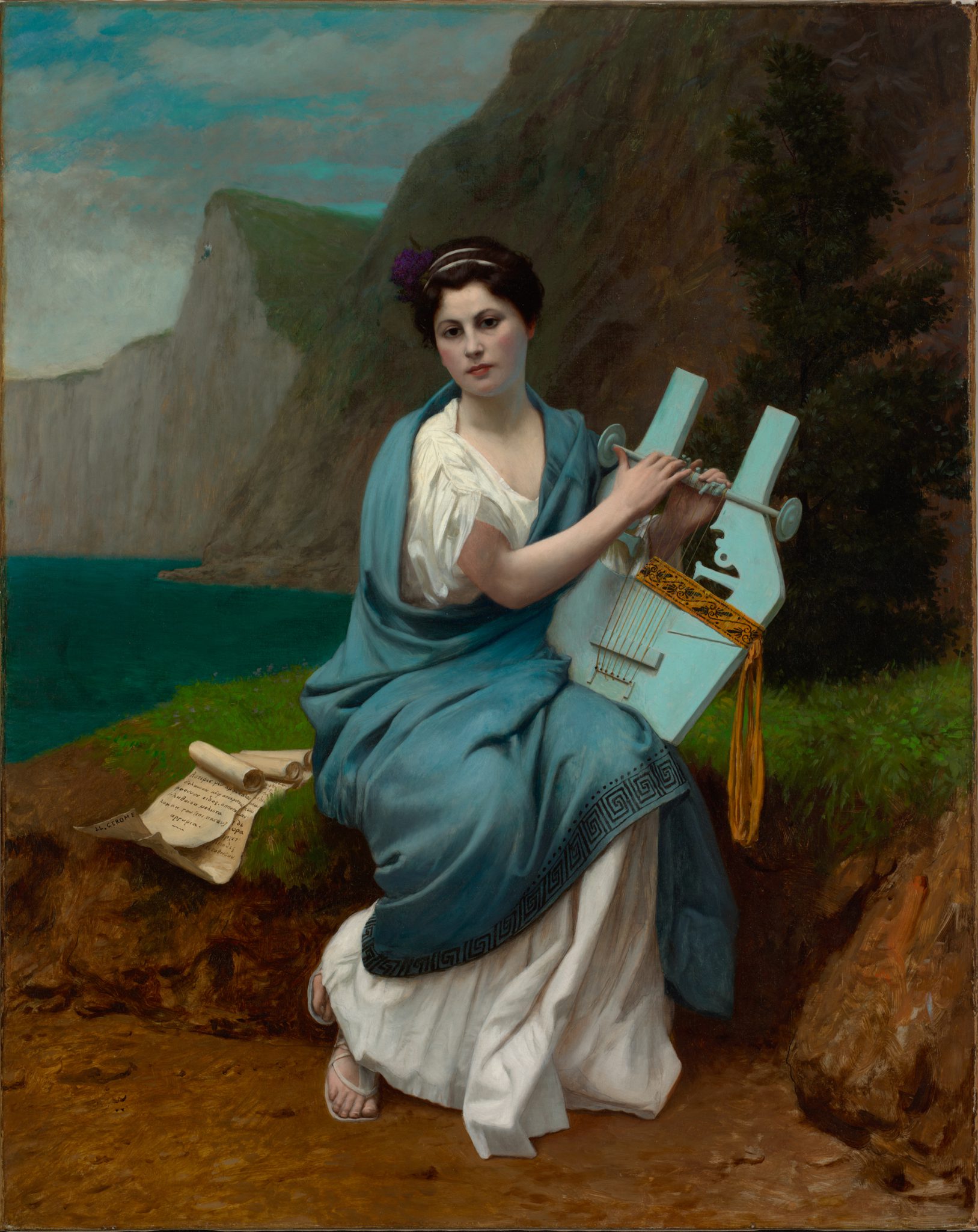 Painting of a woman with auburn hair and wearing a cerulean blue toga sits by the water and plays a lyre. Oceanside cliffs decorate the background.
