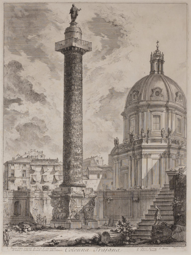 Engraving of a triumphal column with a statue on top. A basilica appears in the background, and some figures stand at the column's base.